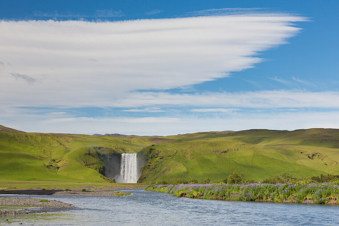  Skogafoss, 63m high waterfall, summer, Iceland 