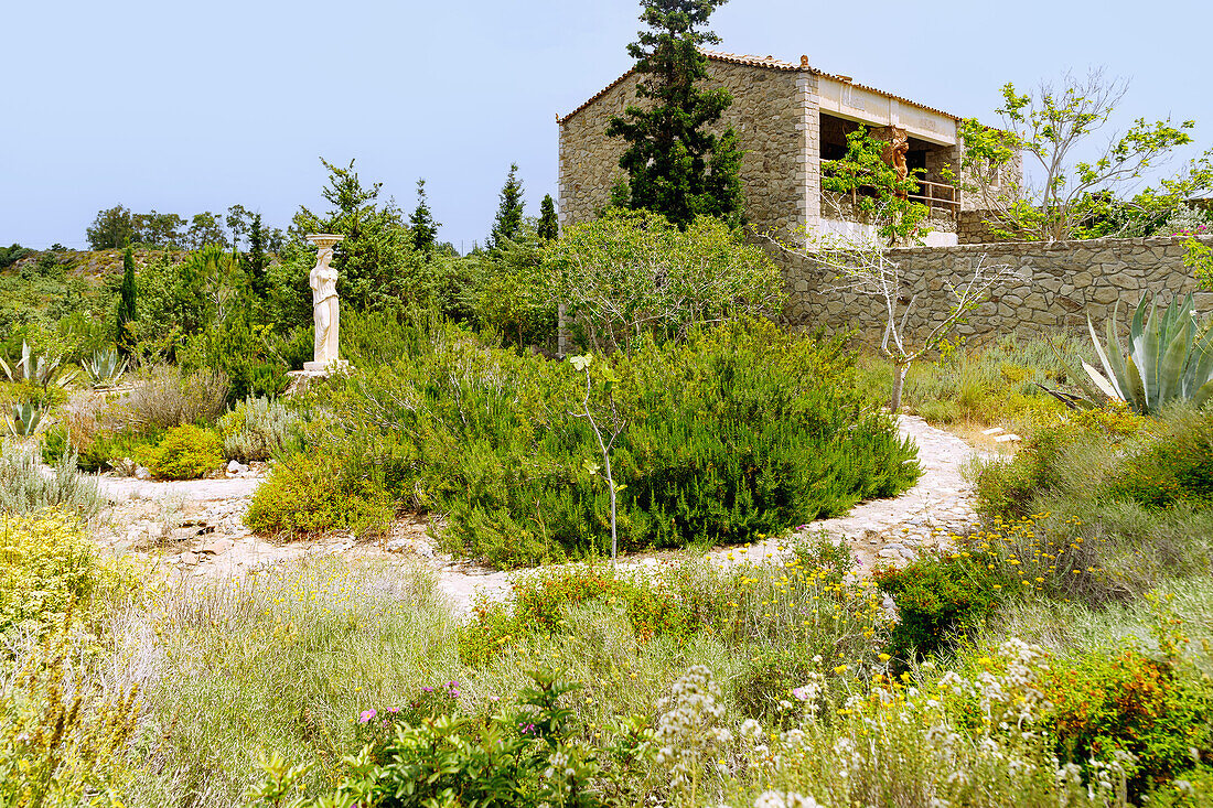  Herb garden and replica of an ancient house in the Hippocrates Garden near Mastichari on the island of Kos in Greece 