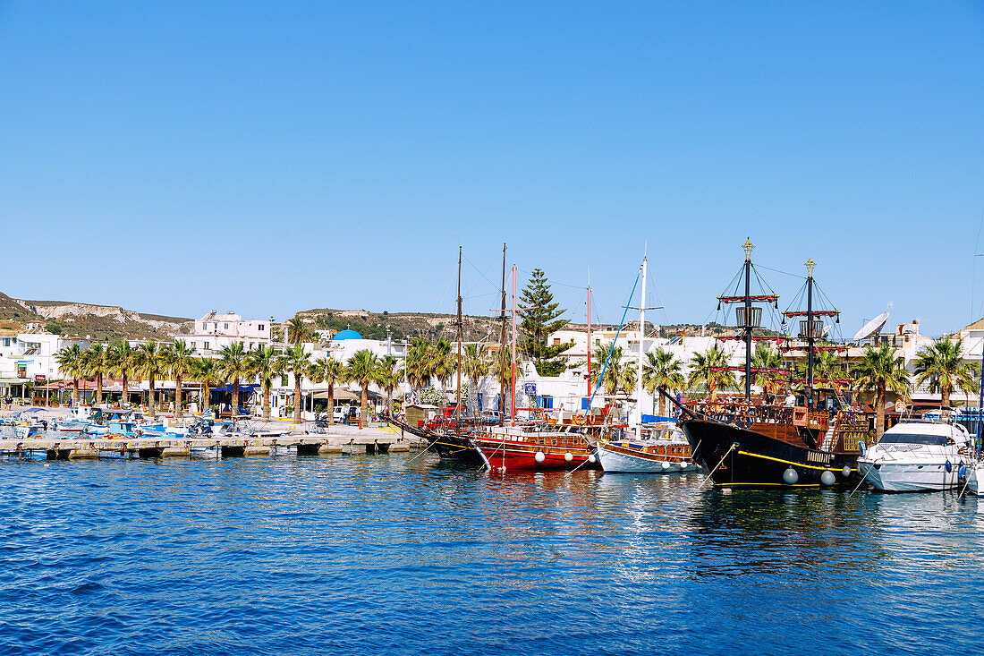  Excursion boats in the harbor in Kardamena on the island of Kos in Greece 