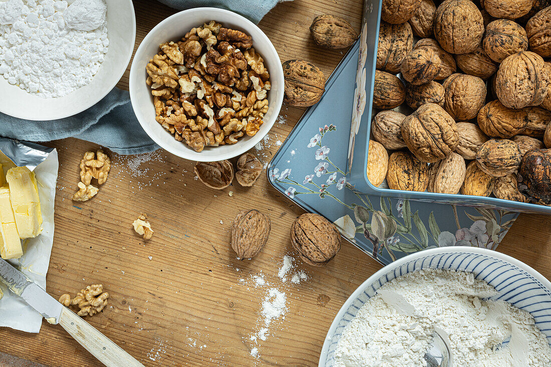  Baking materials, butter, flour, sugar, walnuts for sablé. 