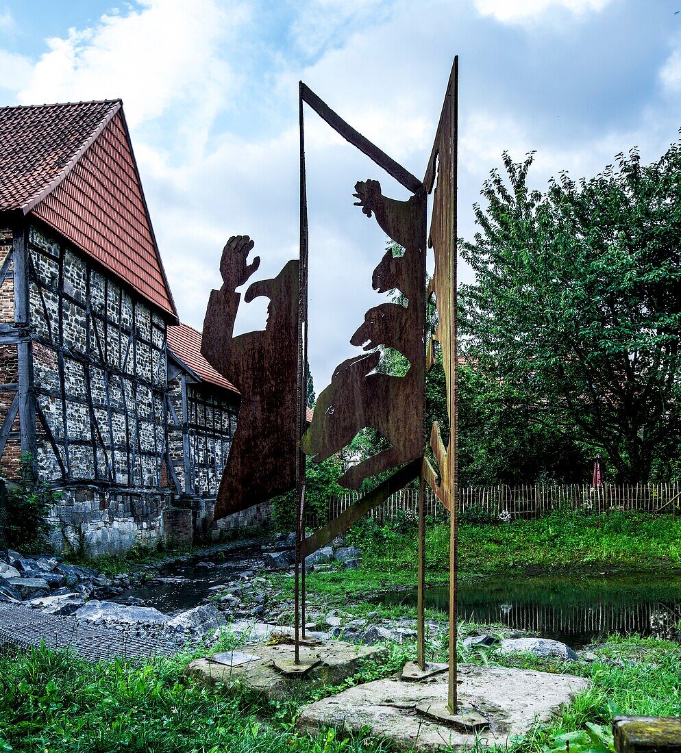  Fairytale district of Niederzwehren, motif of the Bremen Town Musicians, Kassel, Hesse, Germany 