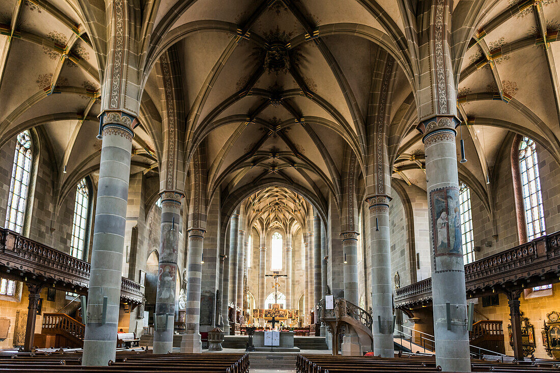 Innenansicht, gotisches Gewölbe, St. Michaels Kirche, Schwäbisch Hall, Altstadt, Kochertal, Kocher, Hohenlohe, Franken, Baden-Württemberg, Deutschland