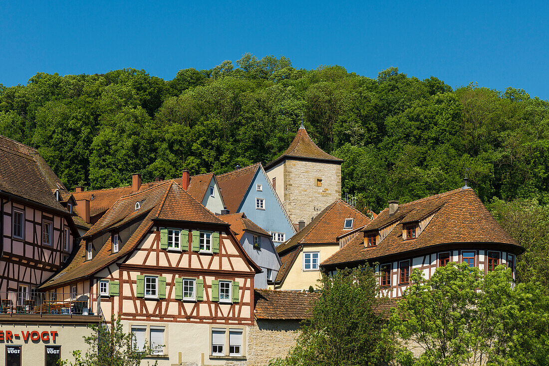  Medieval town and half-timbered houses, Schwäbisch Hall, Kochertal, Kocher, Hohenlohe, Franconia, Baden-Württemberg, Germany 