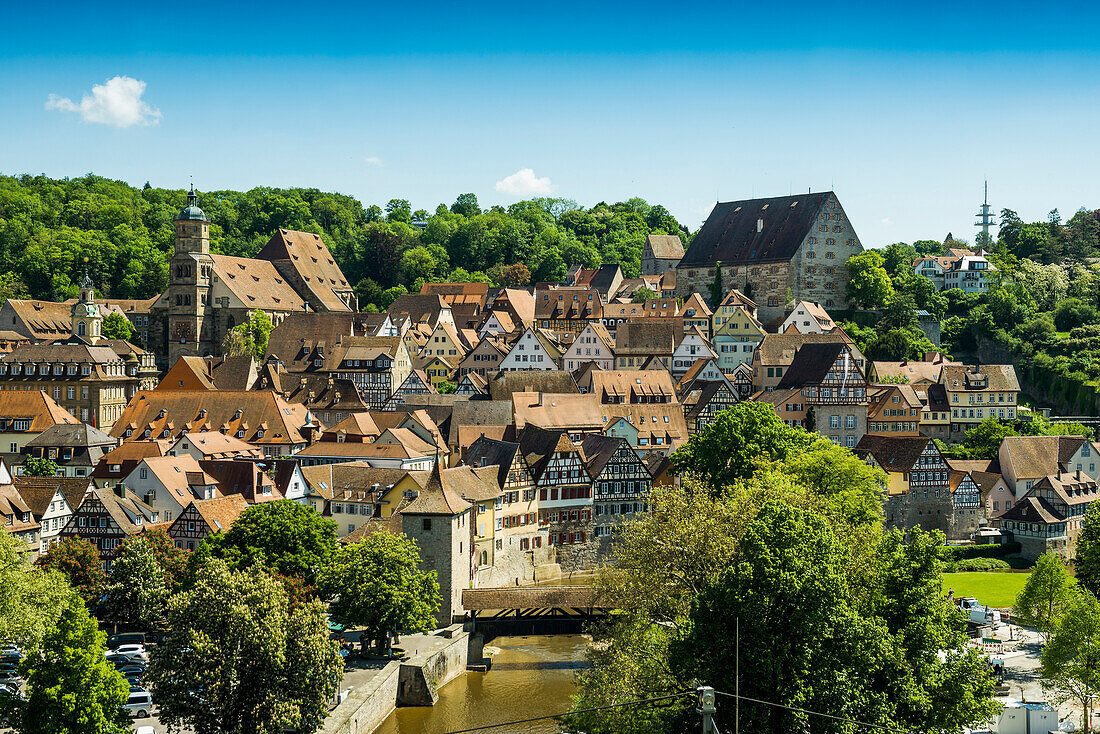 Mittelalterliche Stadt und Fachwerkhäuser, Schwäbisch Hall, Kochertal, Kocher, Hohenlohe, Franken, Baden-Württemberg, Deutschland