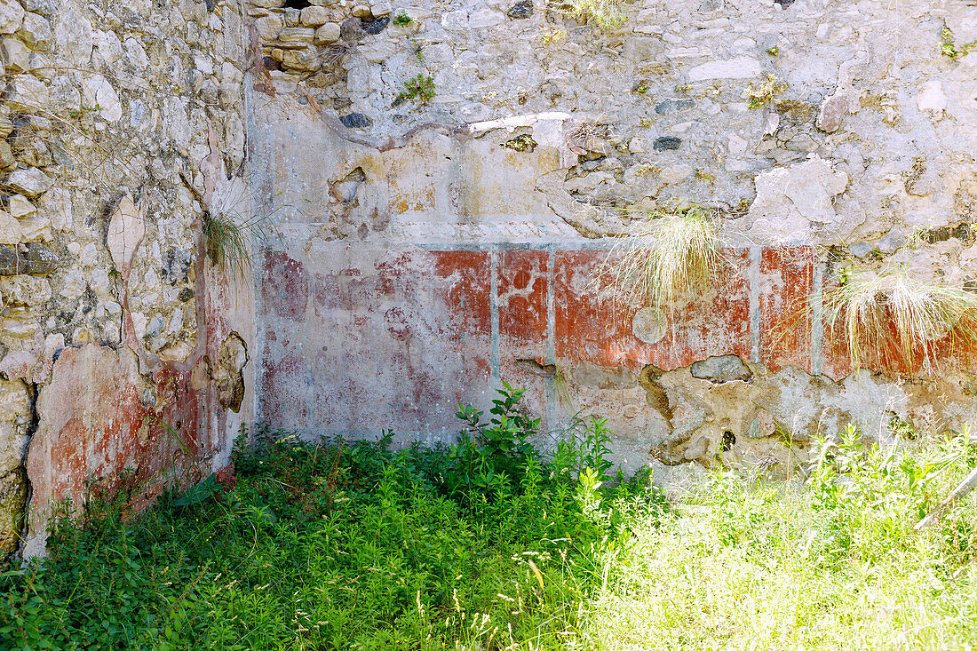 Asklipieion (Asklipion) auf der Insel Kos in Griechenland: Untere Terrasse, Römisches Badehaus, überwachsene Reste von Wandmalereien