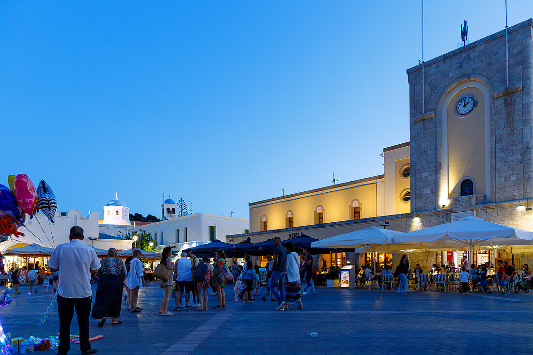  Platia Elefetheríias (Freedom Square, Market Square) with market hall, church Agia Paraskevi and Café Aigli (Aegli) in Kos Town on the island of Kos in Greece 