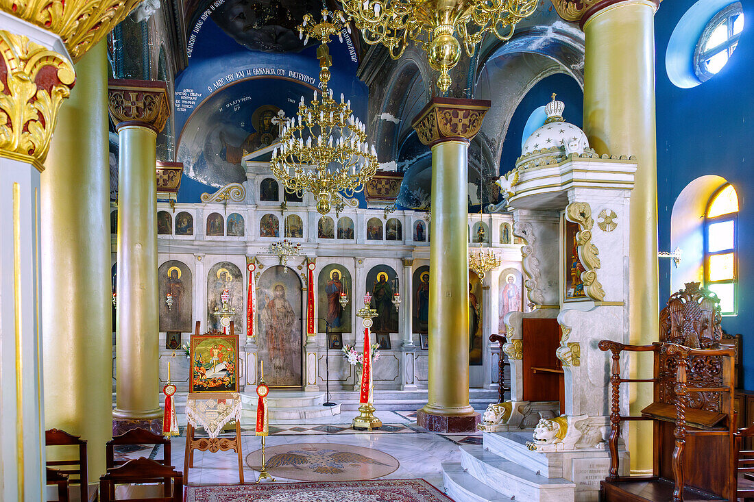  Iconostasis and bishop&#39;s throne in the interior of the church of Agia Paraskevi in Kos Town on the island of Kos in Greece after the restoration of the earthquake damage of 2017 