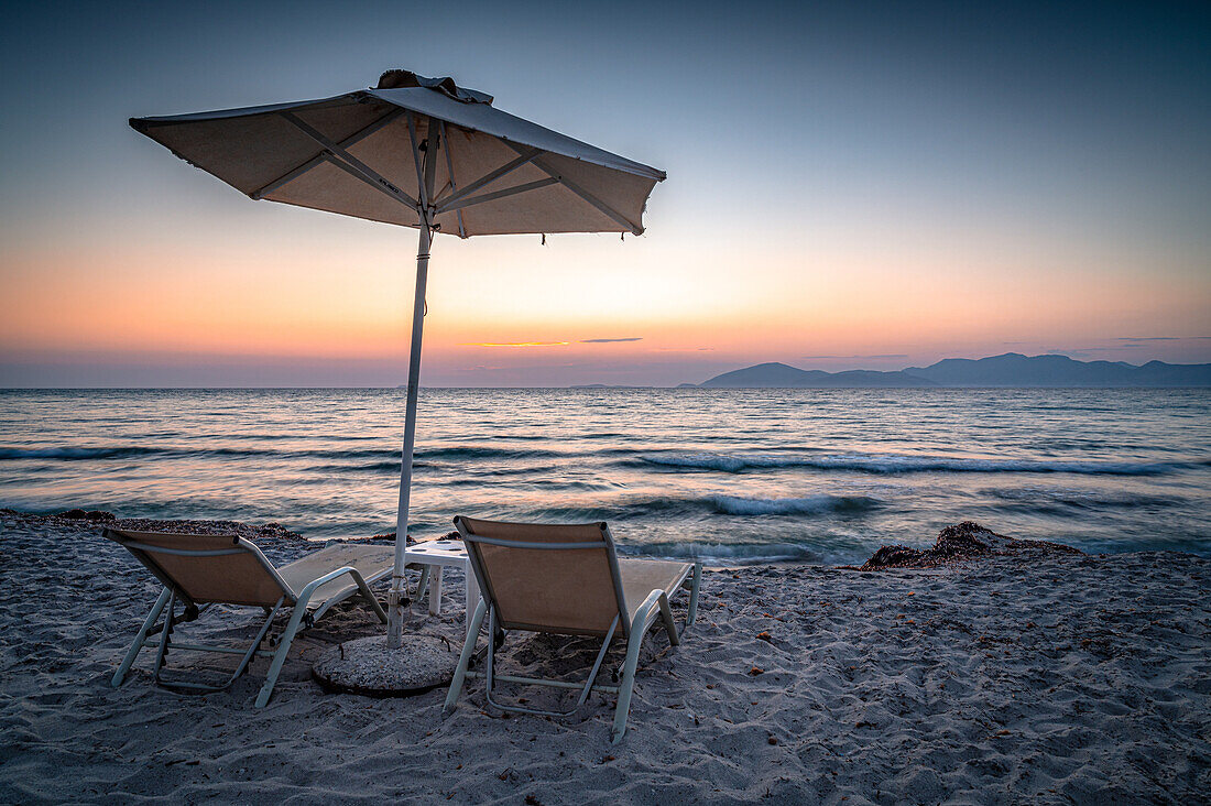  Beach on Kos island near Mastichari town in summer at sunset, Mastichari, Kos, Greece 