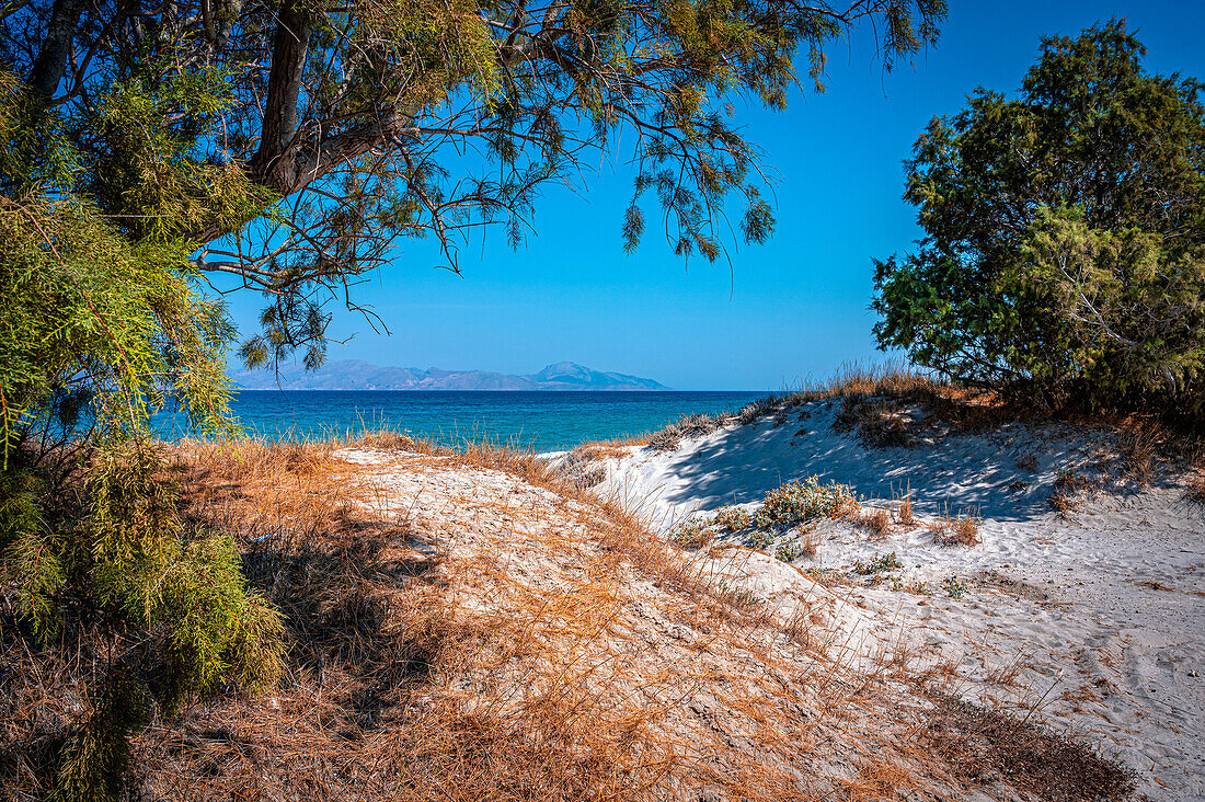 Blick auf den Strand von Mastichari auf der Insel Kos, Mastichari, Kos, Griechenland