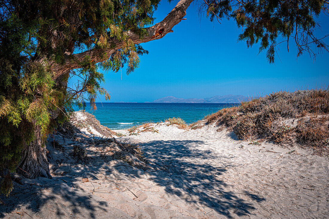 Blick auf den Strand von Mastichari auf der Insel Kos, Mastichari, Kos, Griechenland