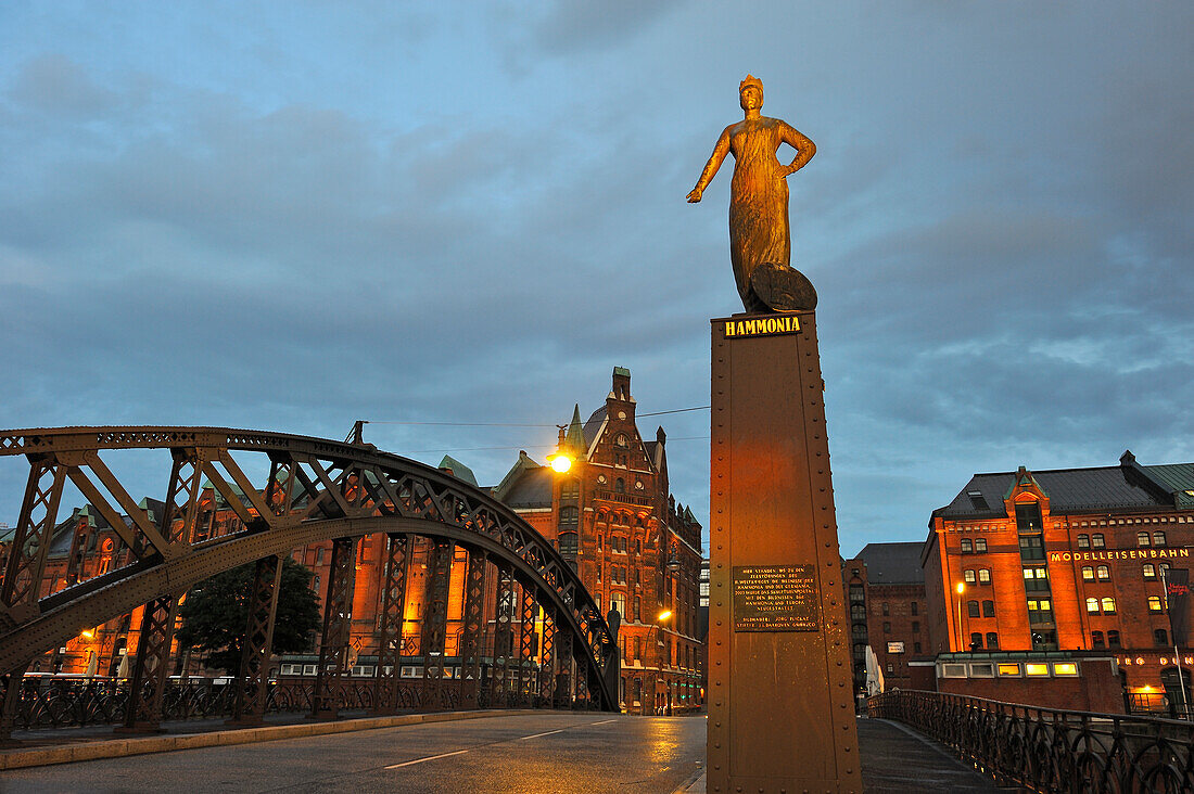 Brooksbruecke, Brooks Bridge with statue of Hammonia, HafenCity quarter, Hamburg, Germany, Europe