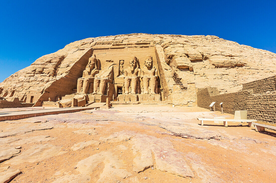  The temples of Abu Simbel are two rock temples on the western shore of Lake Nasser. They are located in the Egyptian part of Nubia on the southeastern edge of the town of Abu Simbel  