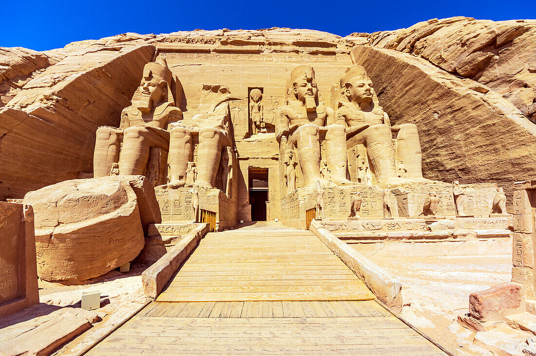  The temples of Abu Simbel are two rock temples on the western shore of Lake Nasser. They are located in the Egyptian part of Nubia on the southeastern edge of the town of Abu Simbel  