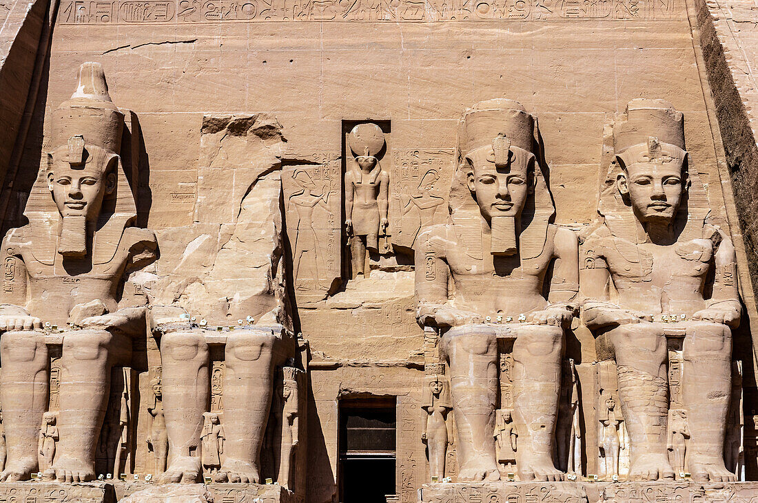  The temples of Abu Simbel are two rock temples on the western shore of Lake Nasser. They are located in the Egyptian part of Nubia on the southeastern edge of the town of Abu Simbel  