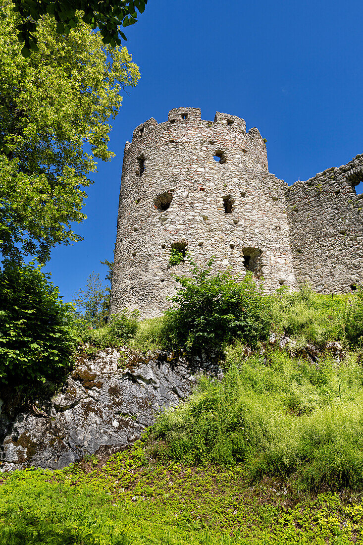 Vor der Burgruine Hohenfreyberg im Ostallgäu bei Pfronten, Bayern, Deutschland, Europa