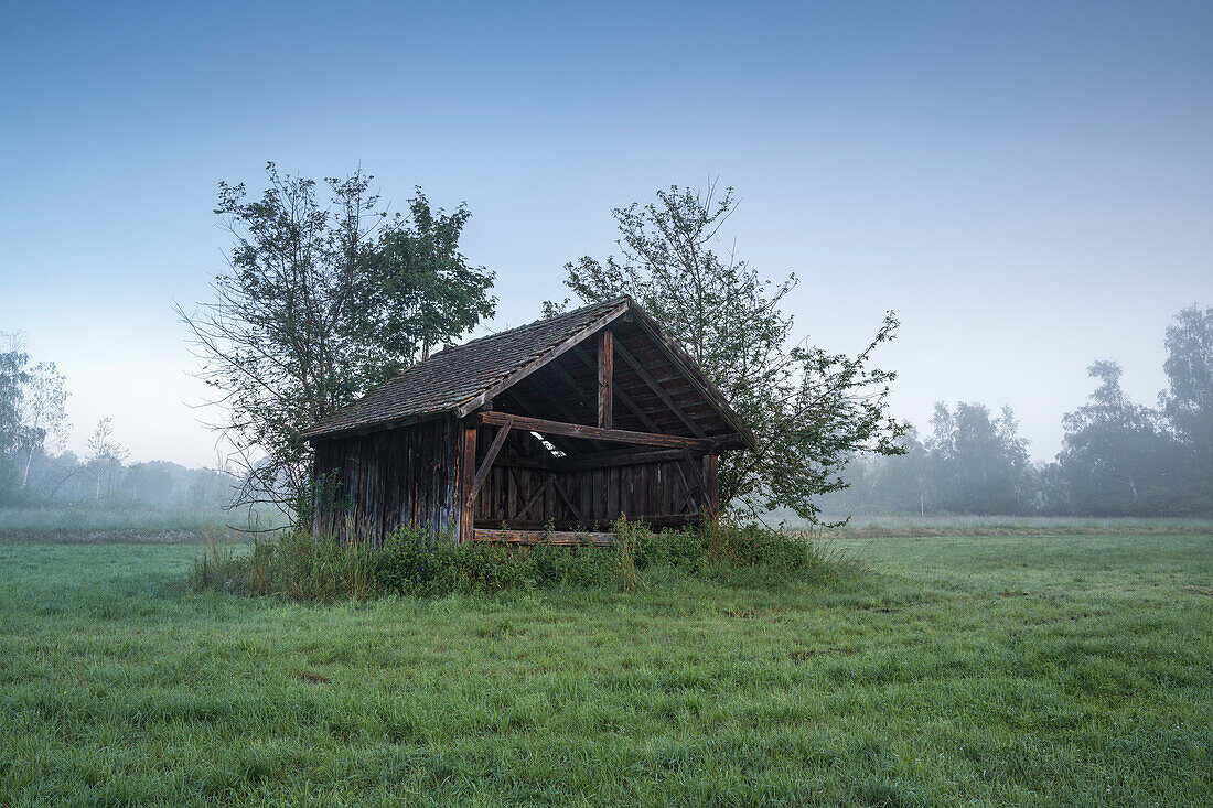 Alte Feldscheune bei Tagesanbruch, Weilheim, Oberbayern, Bayern, Deutschland