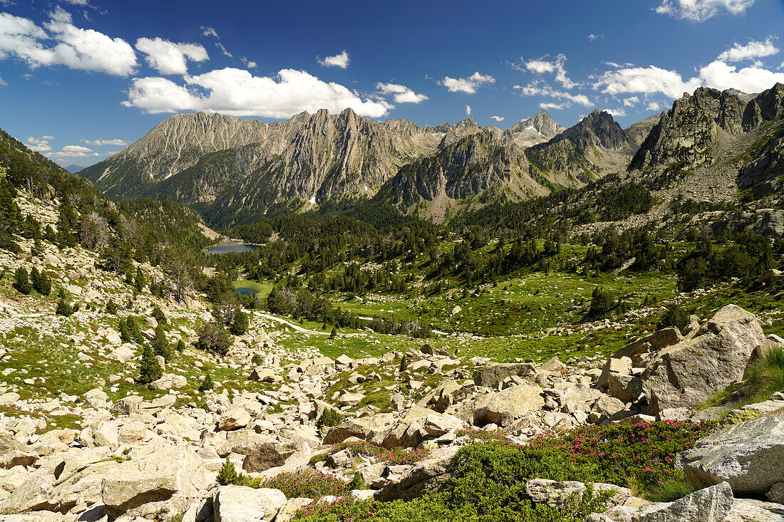  Mountain landscape in the Aigüestortes i Estany de Sant Maurici National Park, Catalonia, Spain, Europe 