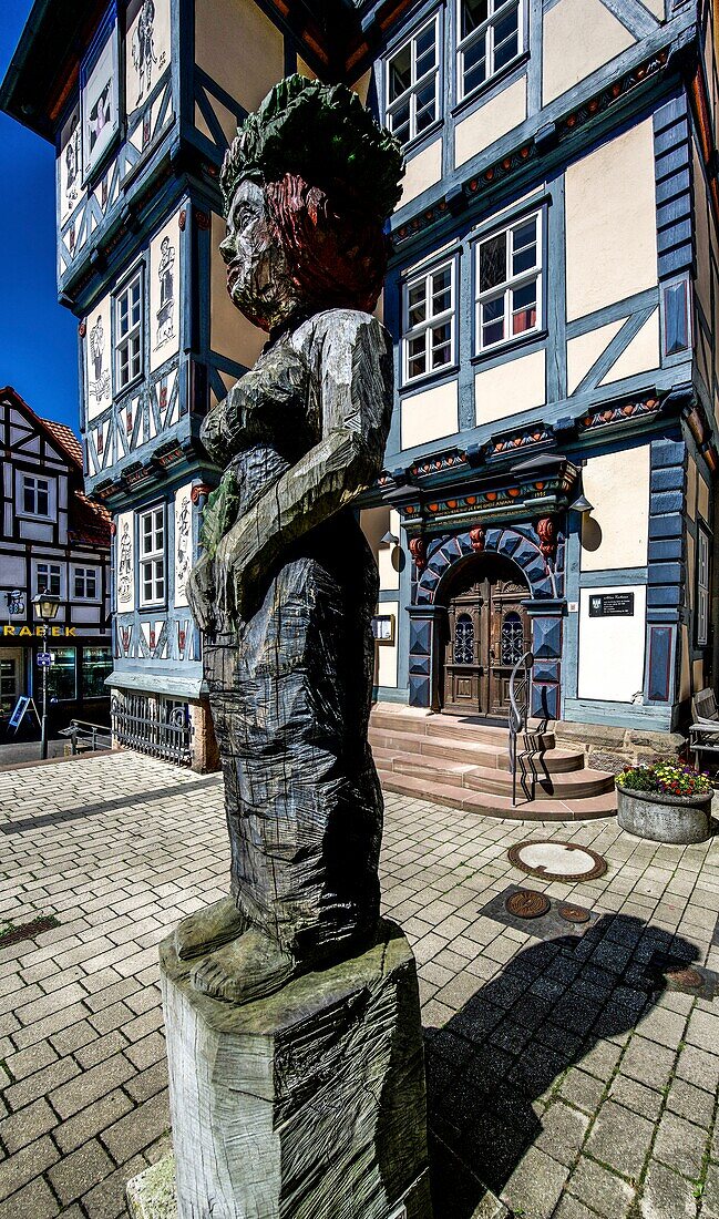  Holleum in the Old Town Hall, statue of Frau Holle on the market square in Hessisch Lchtenau, Hesse, Germany 