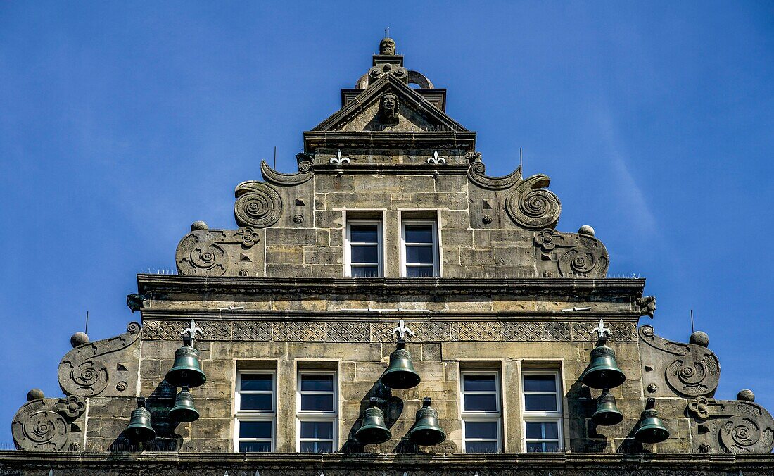  Gable of the Hocheitshaus in the old town of Hameln, Lower Saxony, Germany 