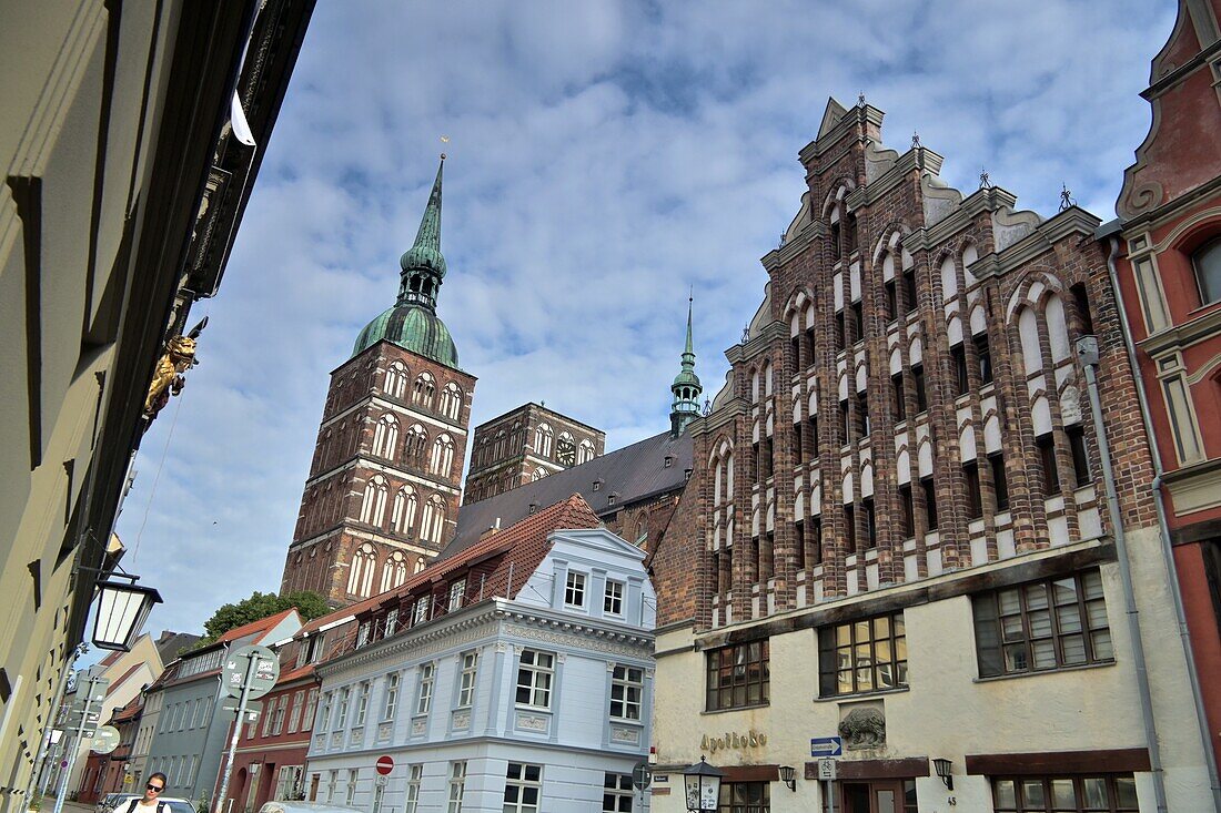  View from Badenstrasse to St. Nicholas Church, Stralsund, Mecklenburg-Western Pomerania, Germany 