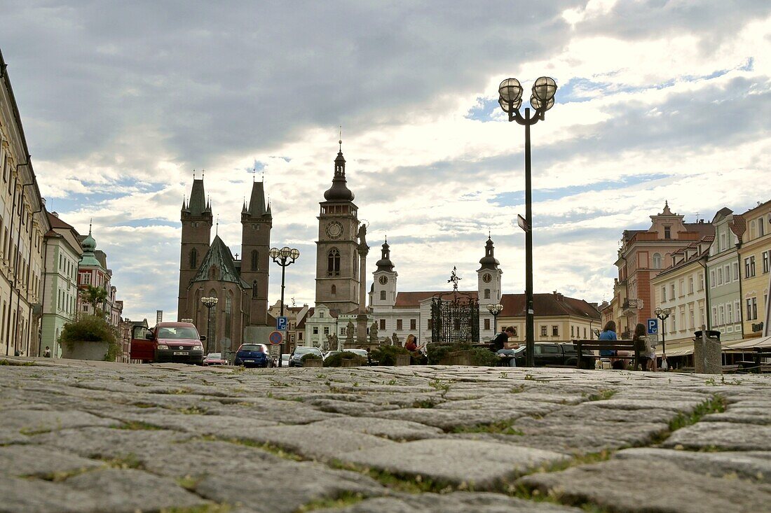  in the old town on the market square with the Holy Spirit Cathedral and the Old Town Hall, Hradec Kralove - Königgrätz, East Bohemia, Czech Republic 