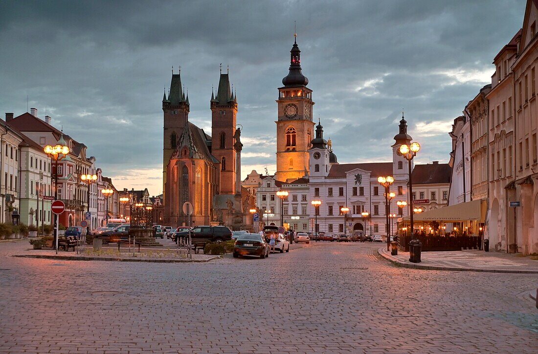  Evening in the old town on the market square with the Holy Spirit Cathedral and the Old Town Hall, Hradec Kralove - Königgrätz, East Bohemia, Czech Republic 