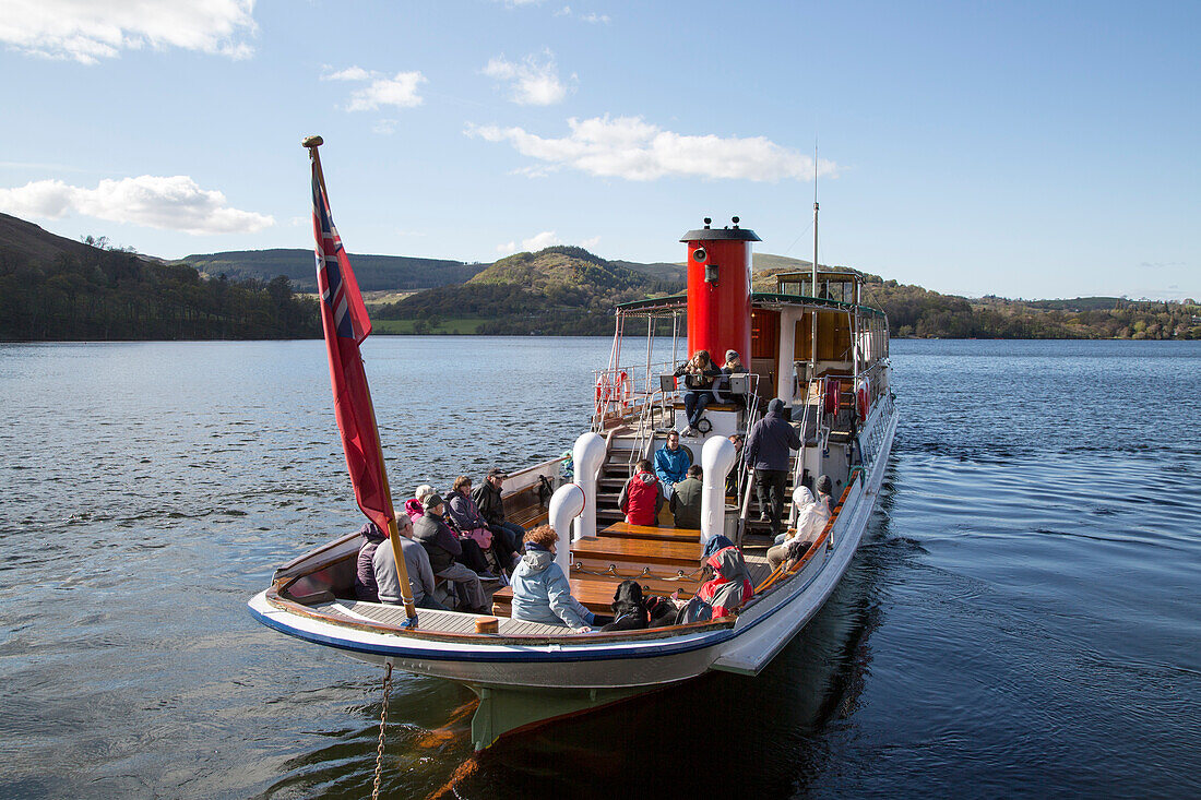 Paddle steamer ferry boat, Howtown, Ullswater lake, Lake District national park, England, UK