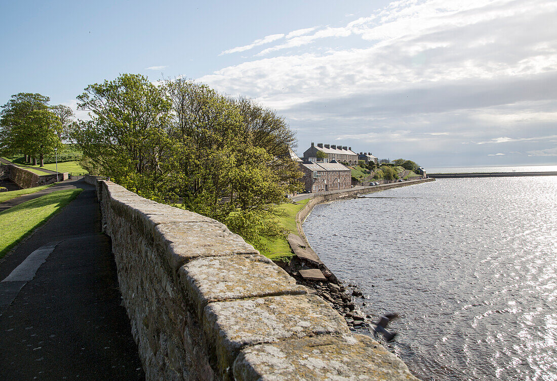  Befestigte Verteidigungsmauern mit Blick auf die Nordsee, Berwick-upon-Tweed, Northumberland, England, Großbritannien 