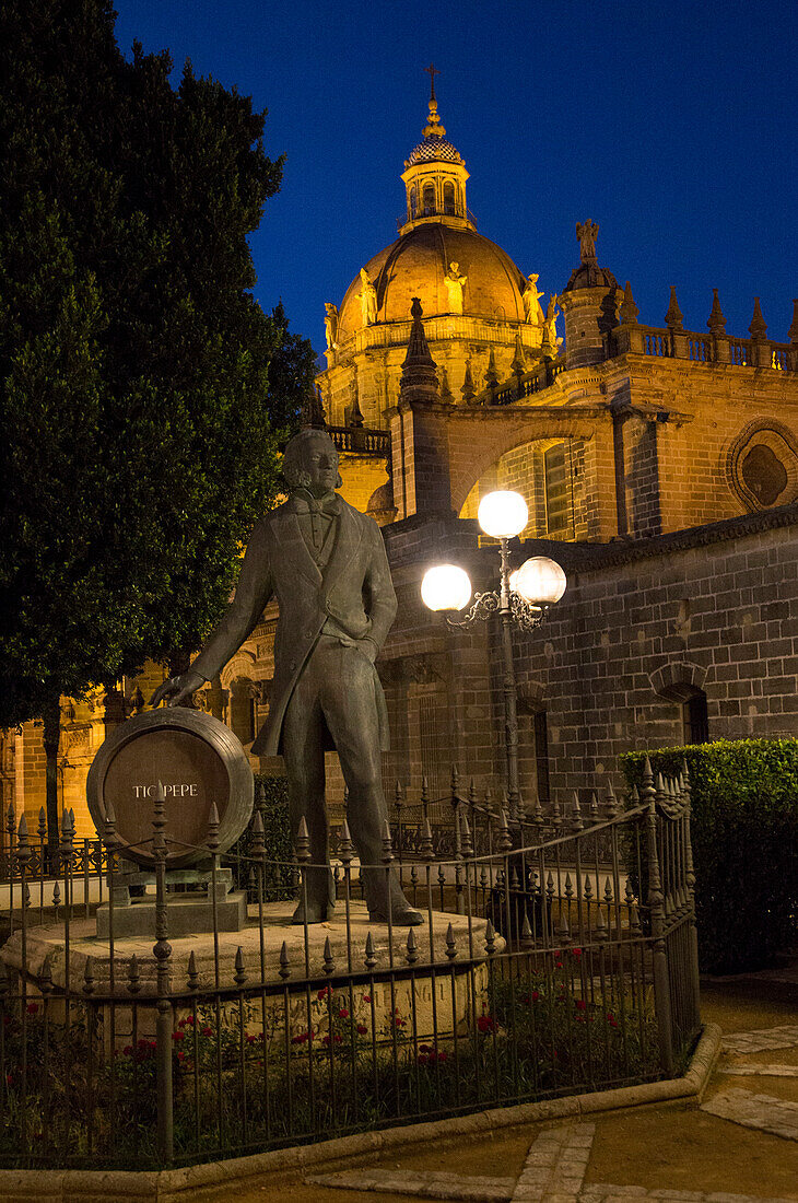 Cathedral church in Jerez de la Frontera, Cadiz province, Spain with Tio Pepe statue at night