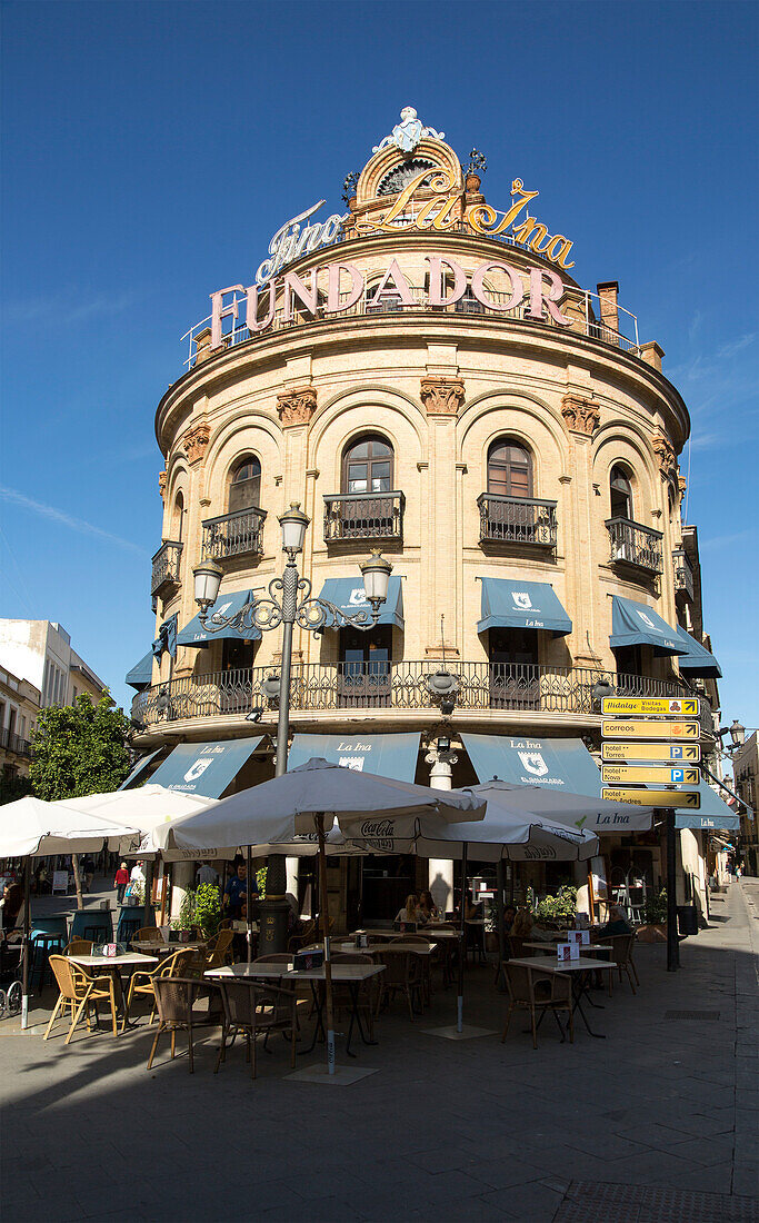 El Gallo Azul rotunda building cafe built in 1929 advertising Fundador brandy, Jerez de la Frontera, Spain