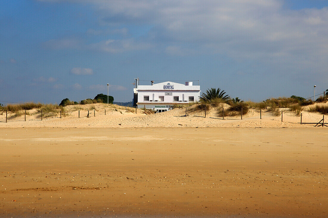 Small beach hotel on the coast at El Palmar, near Vejer de la Frontera, Cadiz Province, Spain