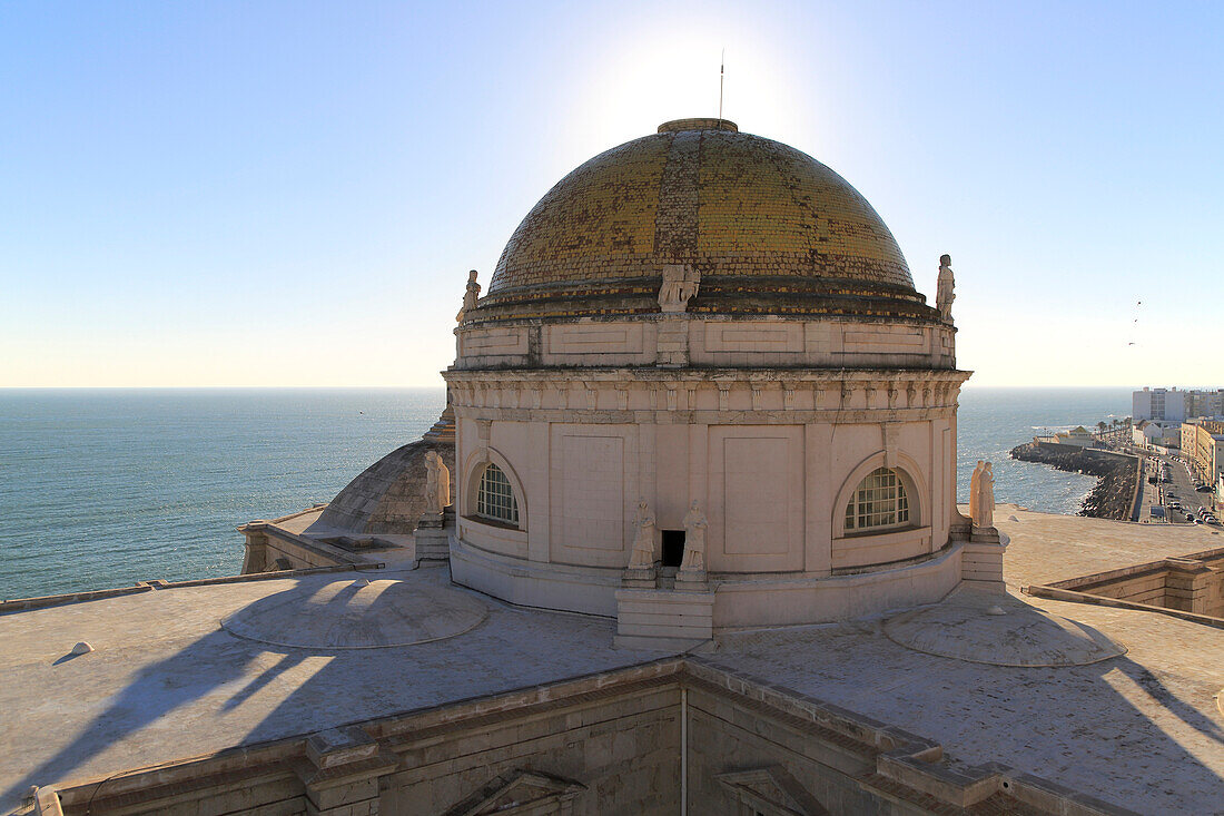 Dome and roof of cathedral church building, Cadiz, Spain