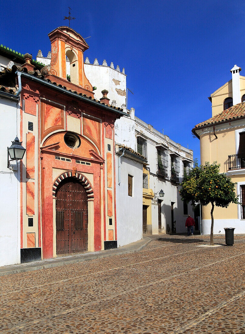 Attractive historic doorway and buildings in old inner city, Cordoba, Spain