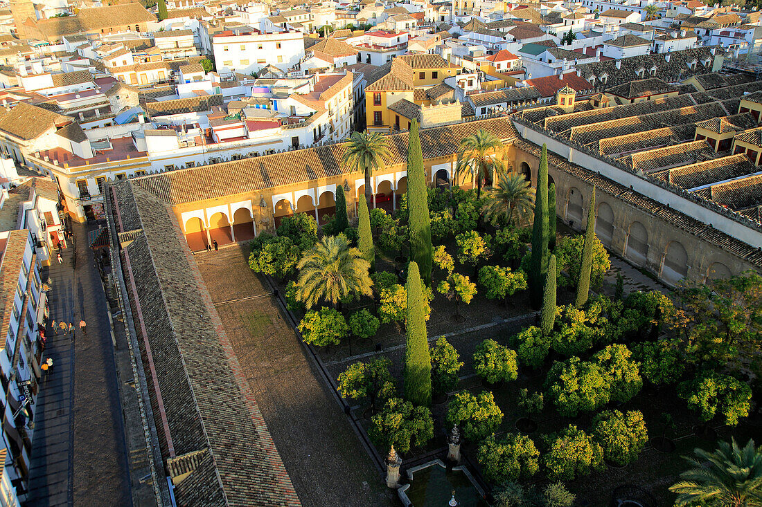  Erhöhte Ansicht der Gärten im Innenhof der Großen Moschee, Mezquita-Kathedrale, Córdoba, Spanien 