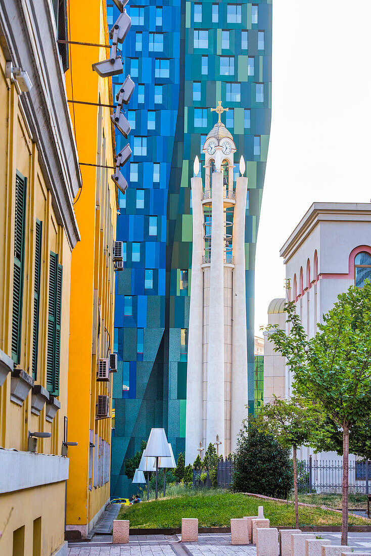 Bell tower of the Albanian Orthodox Resurection Cathedral, in the Ministerial District near Skanderbeg Square (Sheshi Skënderbej), Tirana Centre, Albania, Southeastern Europe