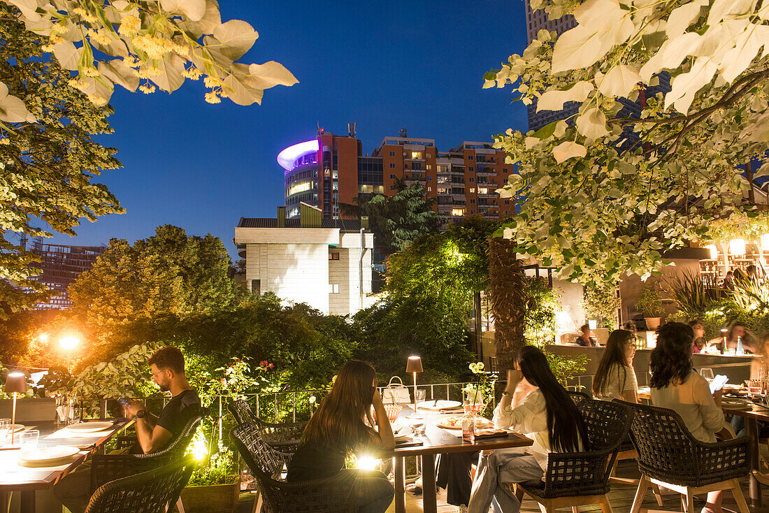 Artigliano Restaurant terrace under the blossoming lime trees, Tirana, Albania, Southeastern Europe