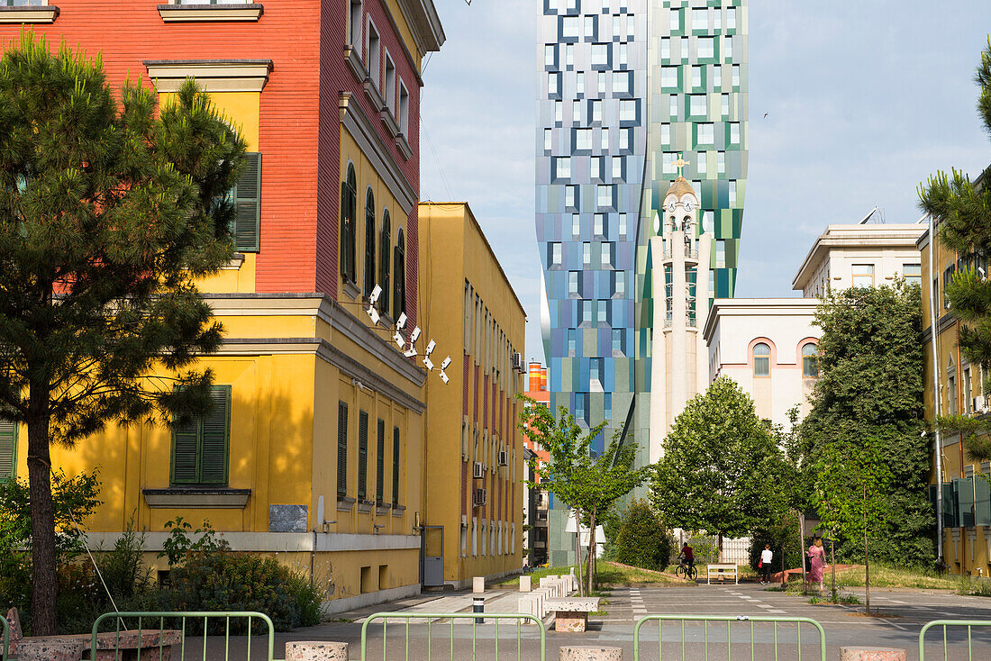 Bell tower of the Albanian Orthodox Resurection Cathedral, in the Ministerial District near Skanderbeg Square (Sheshi Skënderbej), Tirana Centre, Albania, Southeastern Europe