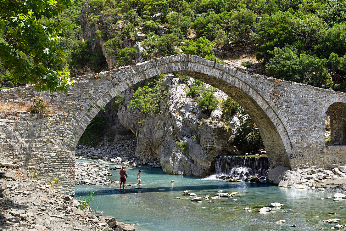 Ottoman Bridge and Hot Springs at the Langarice Canyon, Vjosa or Vjosë River, Albania, Southeastern Europe