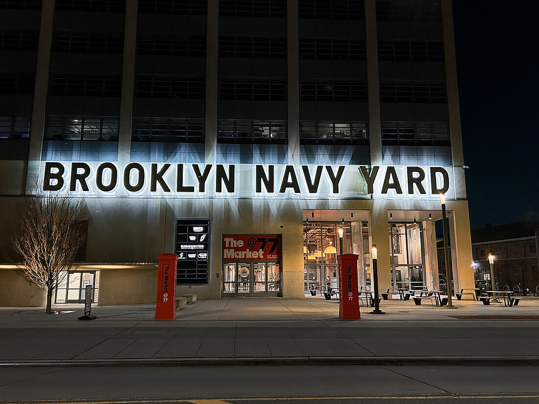 Brooklyn Navy Yard Building 77, building exterior at night, Brooklyn, New York City, New York, USA