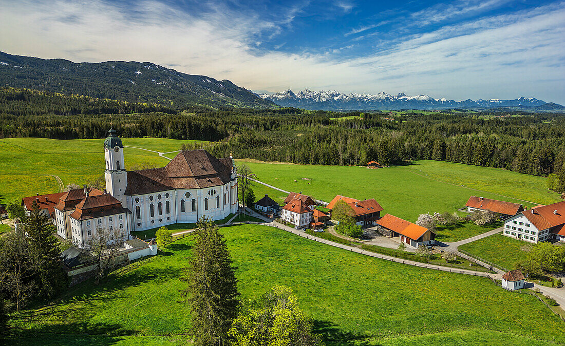  Wieskirche with Tannheimer Mountains in the background, Lake Constance-Königssee cycle path, Wies, UNESCO World Heritage Wieskirche, Upper Bavaria, Bavaria, Germany 