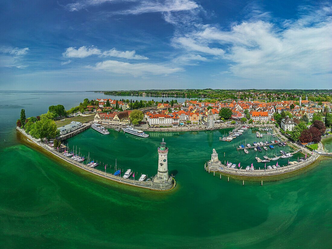  Aerial view of the port of Lindau, Lake Constance-Königssee cycle path, Lindau, Lake Constance, Swabia, Bavaria, Germany 