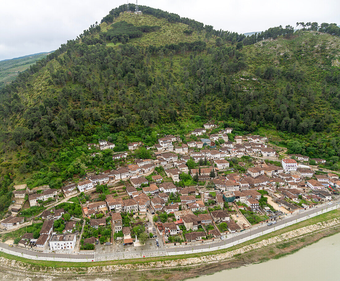 Traditional Ottoman buildings in Gorica quarter next to the  River Osumi, Berat, Albania