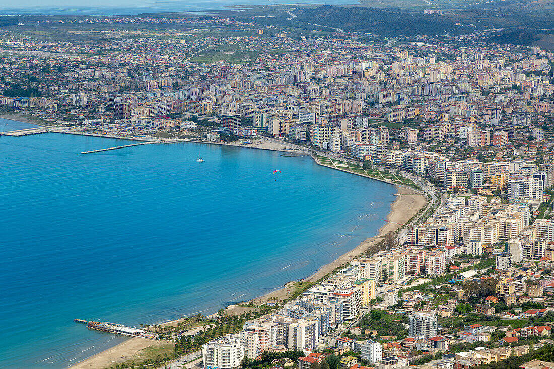 Oblique aerial view of city of Vlore, Albania