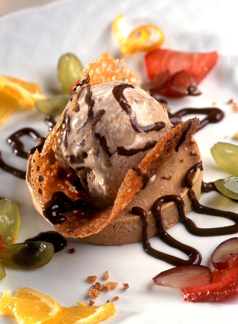  Desert, ice cream with chocolate sauce 