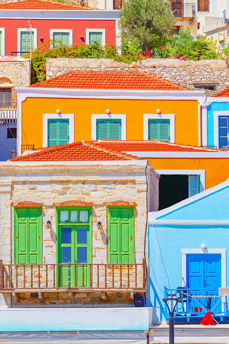 Seafront traditional houses, Halki Island, Dodecanese Islands, Greece