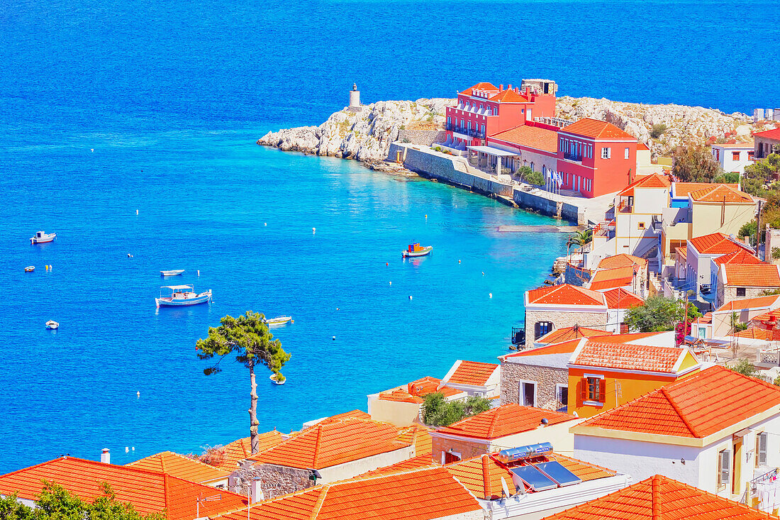 Emporio harbour, top view, Halki Island, Dodecanese Islands, Greece