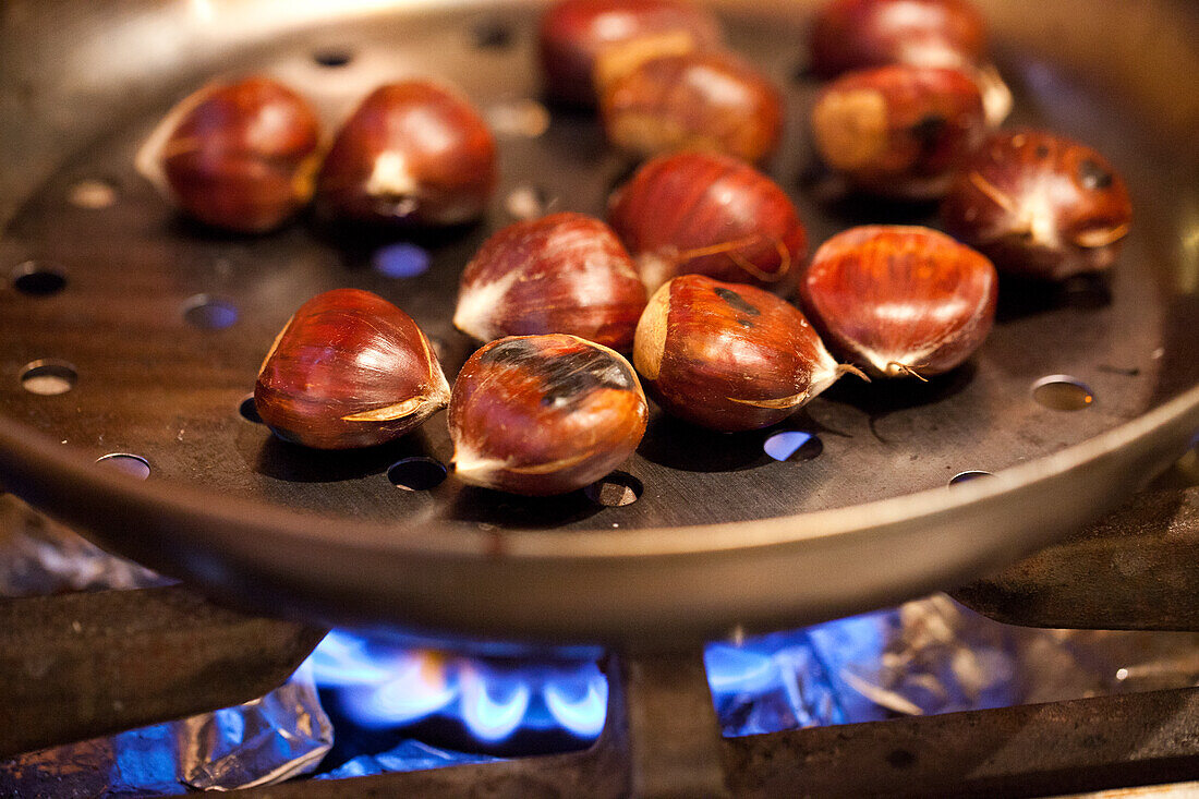 Kastanien auf dem Feuer, Maroni, Esskastanien (Castanea sativa), Südtirol, Italien