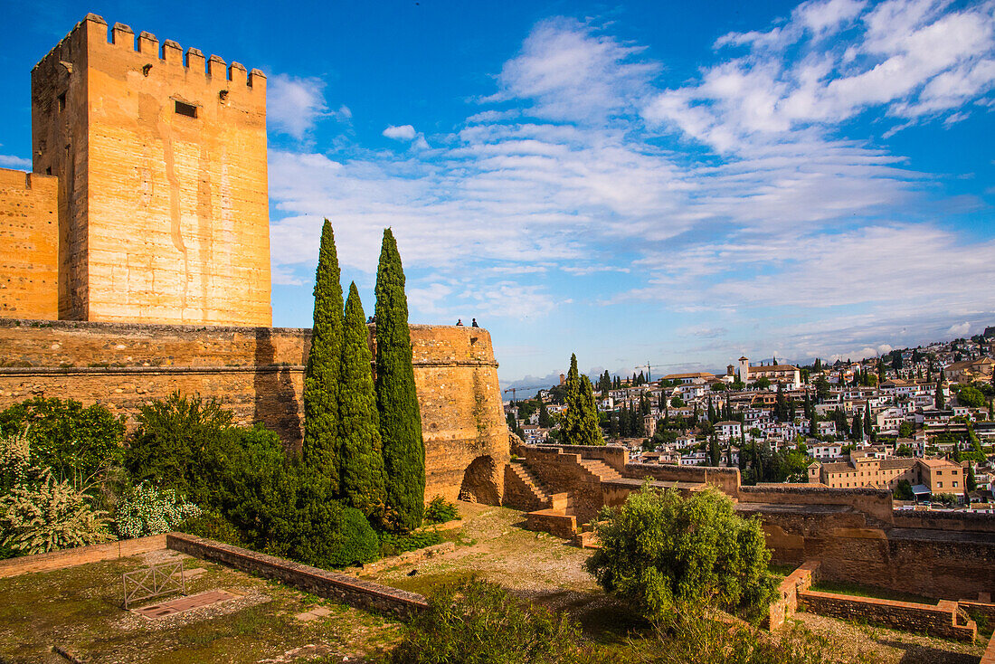  Alhambra Granada, view from the Alcazaba to the Albaicin, with the church of San Nicolas, province of Granada, Spain 