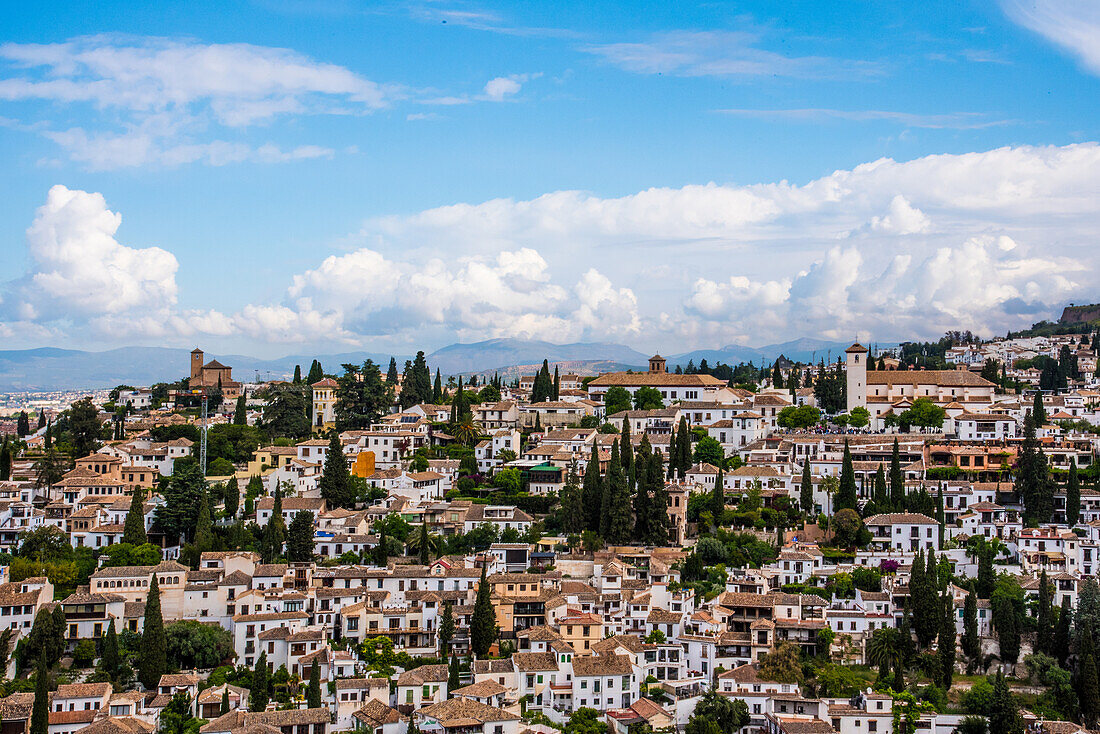  Albaicin Granada, view from the Alhambra, to the Church of San Nicolas and the Palacio Dar al Hora, Granada Province, Spain 