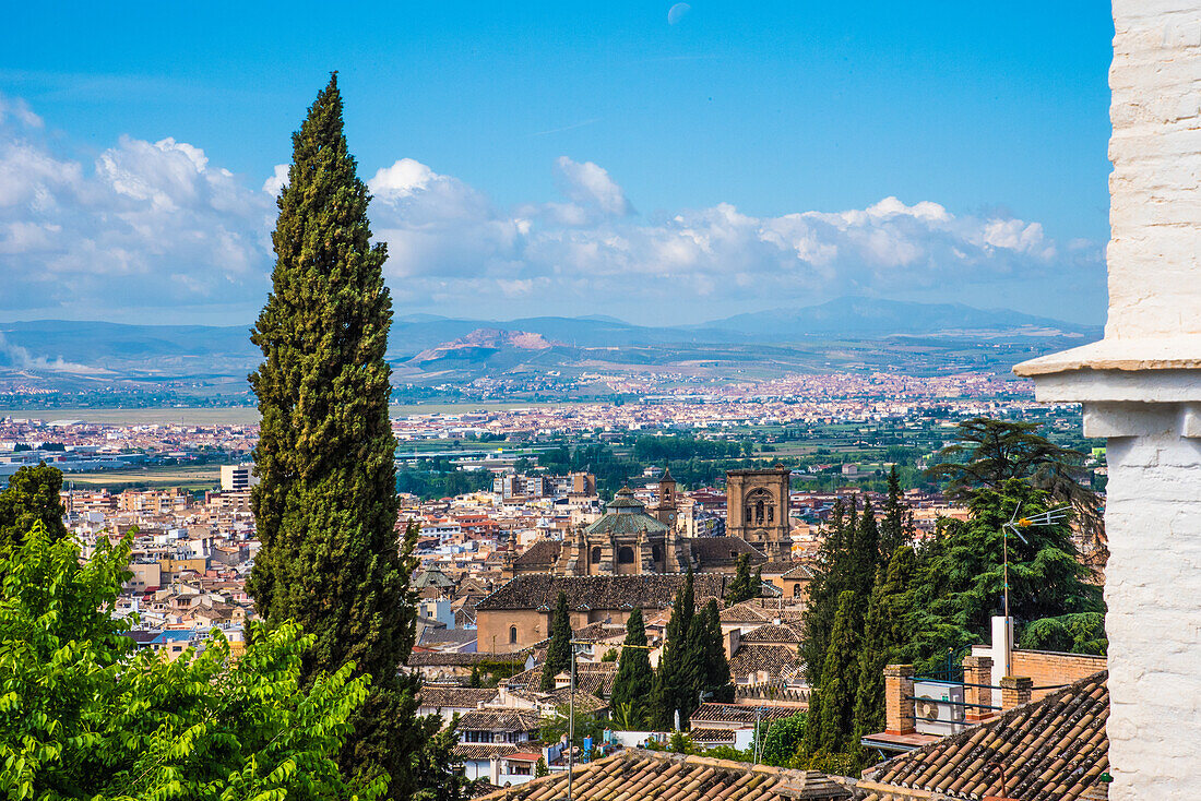  Granada, Albaicin, view from here to Palacio Dar al- Hora and city of Granada, province of Granada Spain 